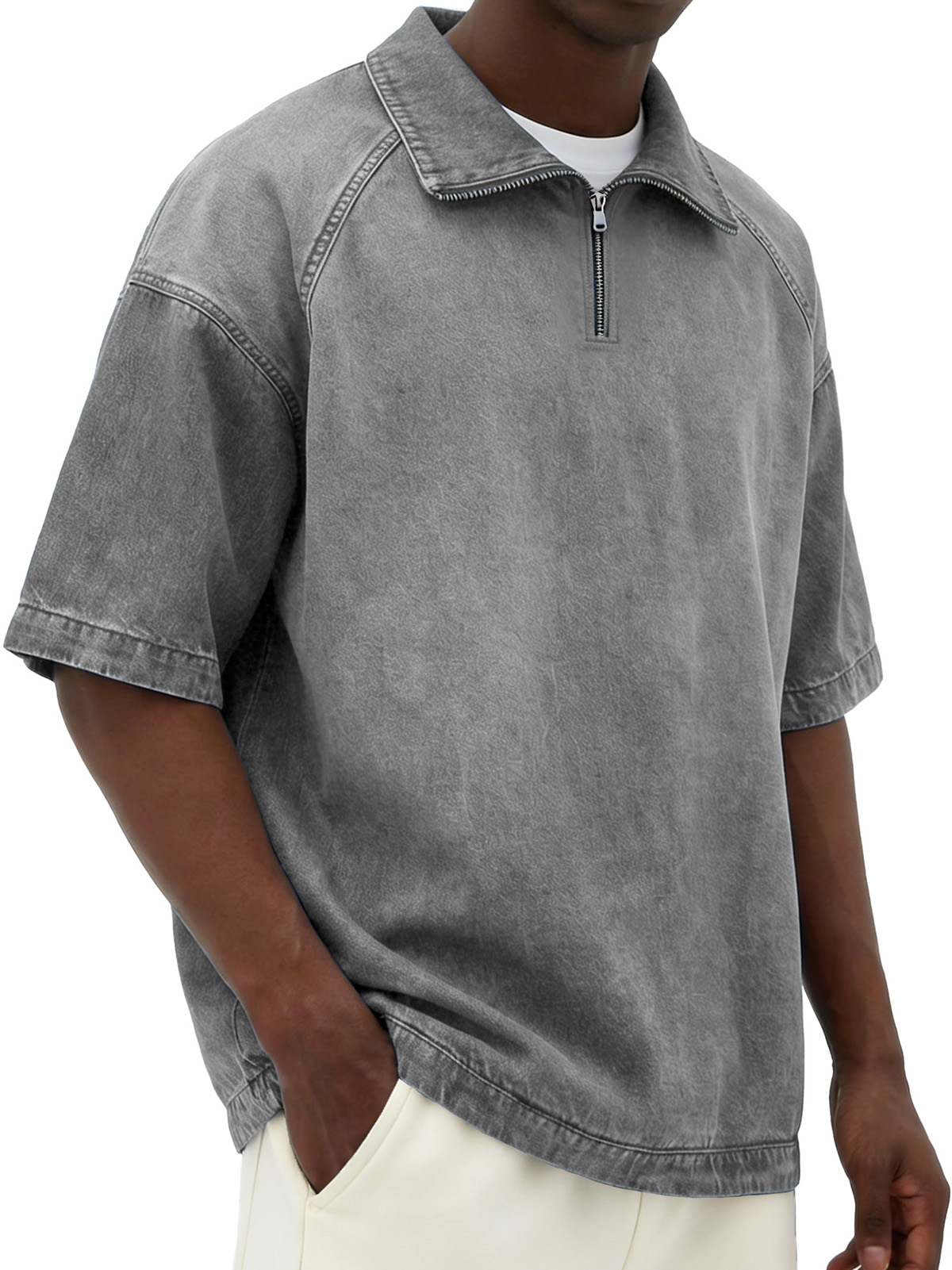 Men's Retro Distressed Zipper Raglan Collar Loose-Fit Short-Sleeve Polo Shirt