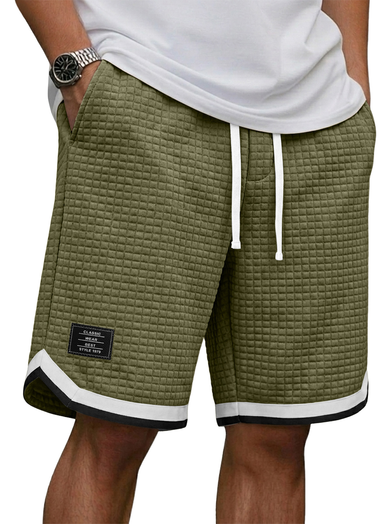 Men's Casual Waffle Knit Embroidered Logo Patchwork Webbing Loose Shorts