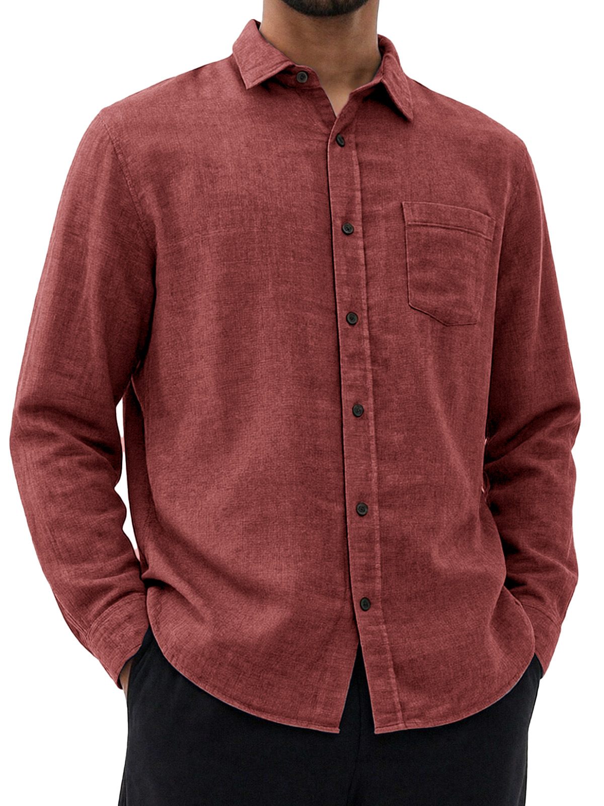 Men's Retro Simple And Versatile Solid Color Collared Long-sleeved Shirt