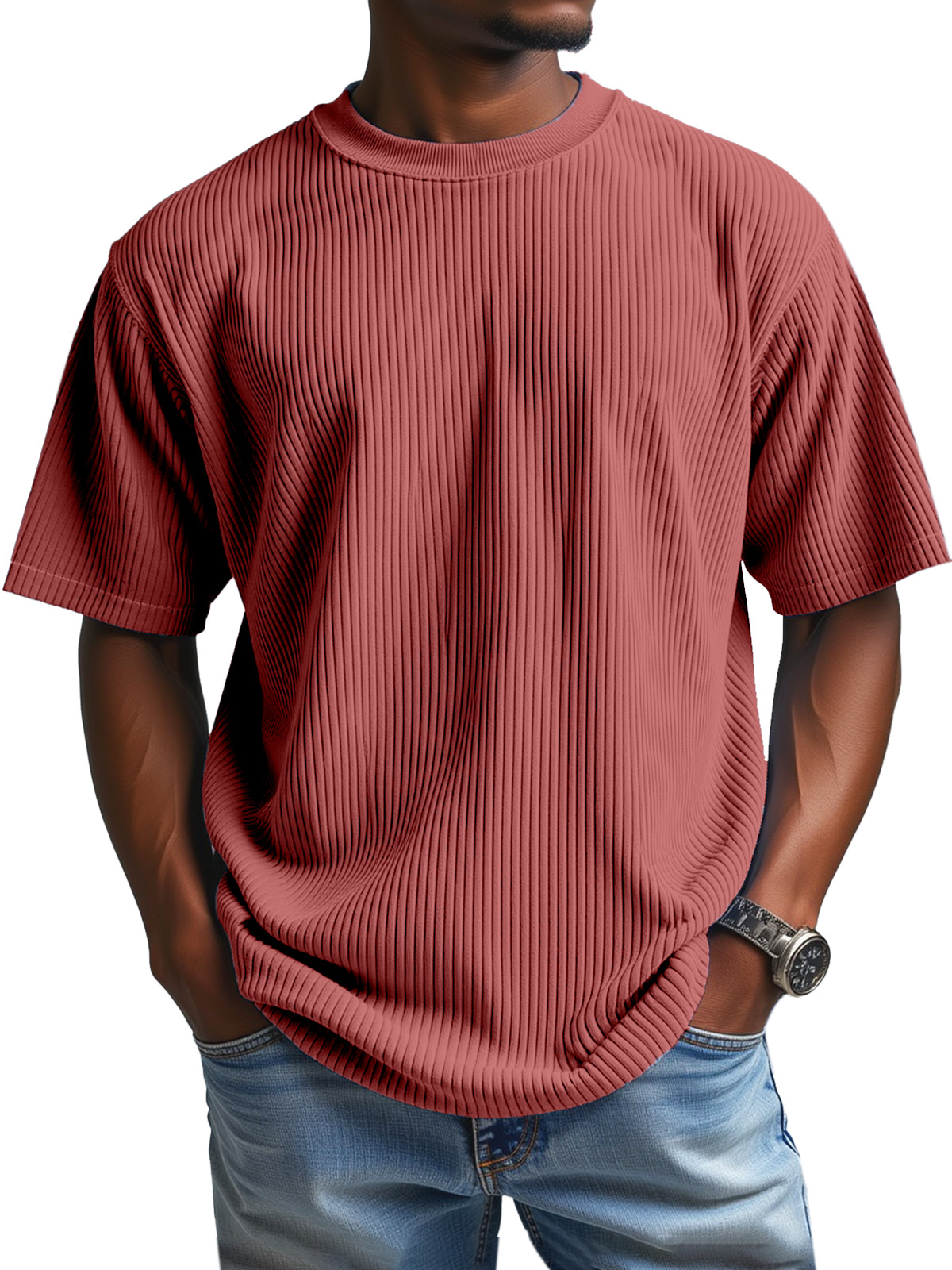 Men's Daily Solid Color Vertical Pit Round Neck Short-sleeved T-shirt