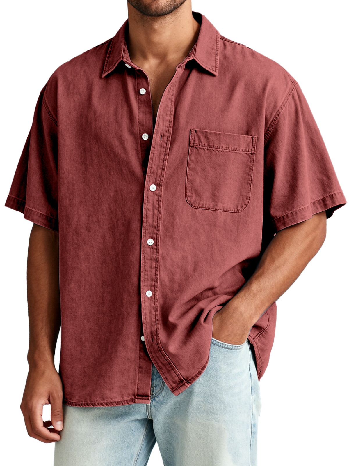 Men's American Retro Solid Color Short Sleeve Shirt with Pocket