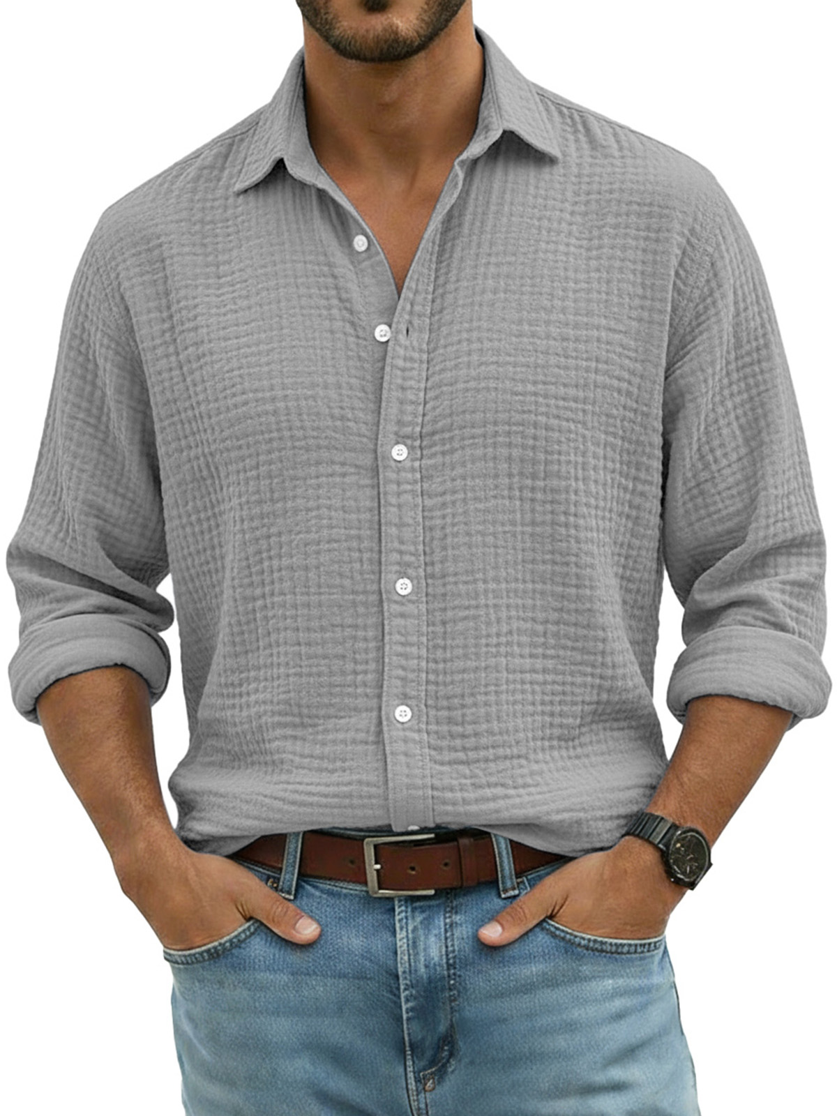 Men's Comfortable Solid Color Crinkled Breathable Long-sleeved Shirt