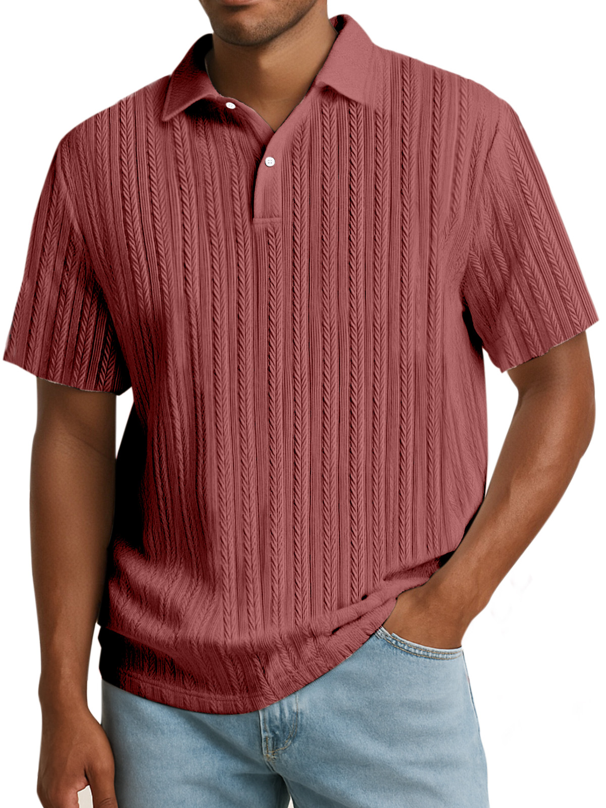 Men's Simple Solid Color Textured Lapel Button Polo Shirt