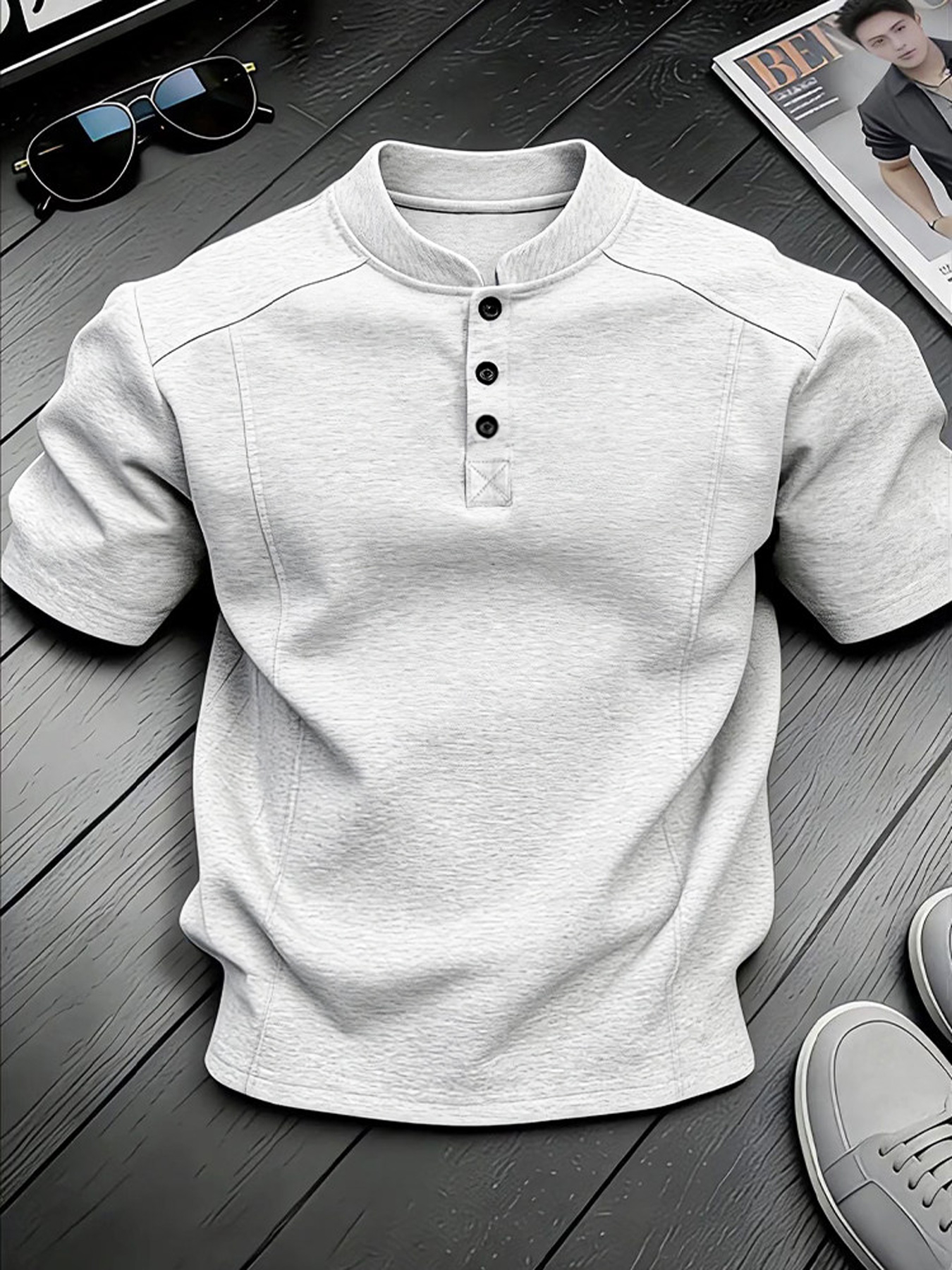 Men's Stand-up Collar Button-down Design Casual Short-sleeved Henley Shirt