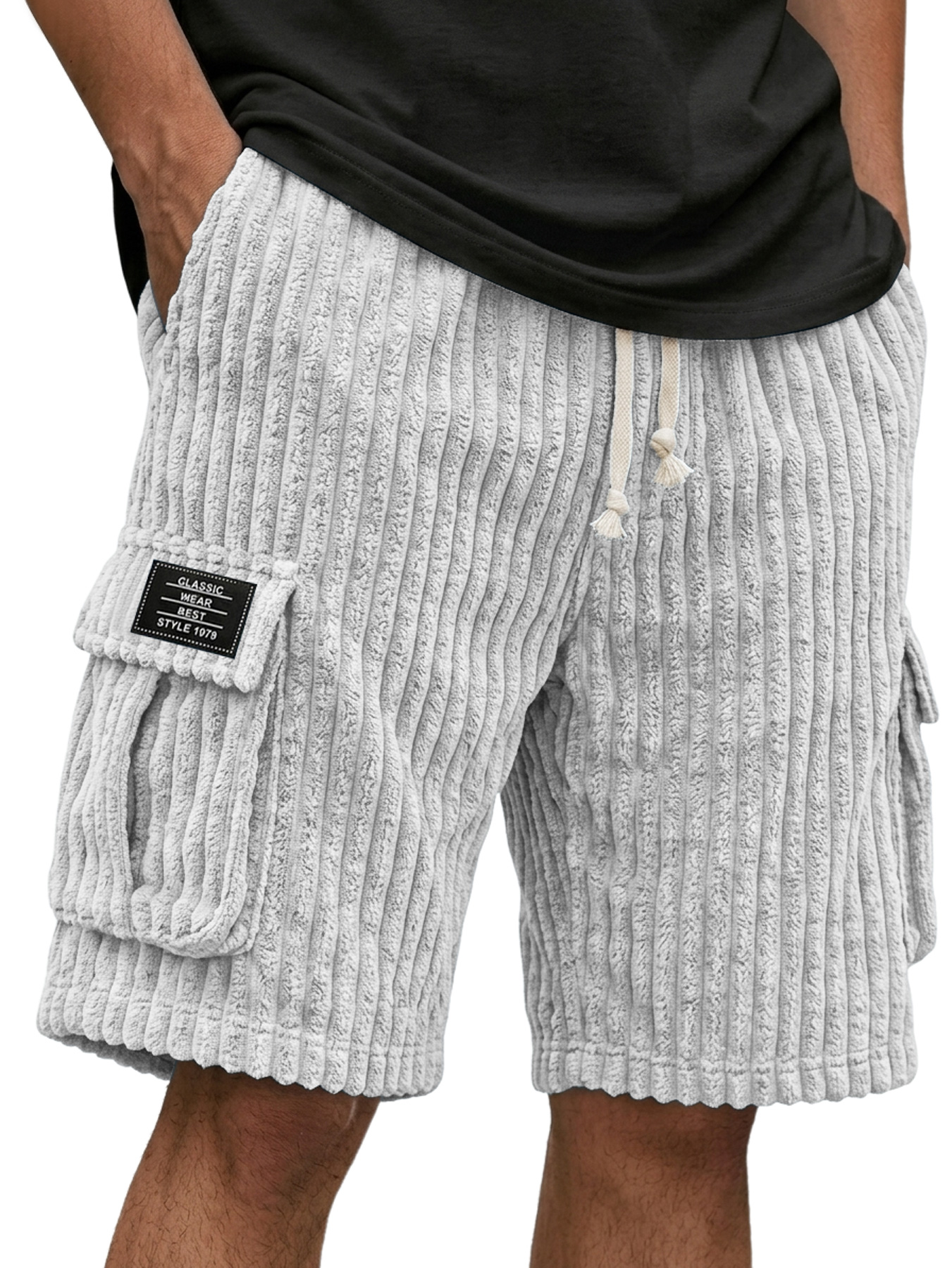 Men's Corduroy Multi-Pocket Embroidered Logo Casual Cargo Shorts