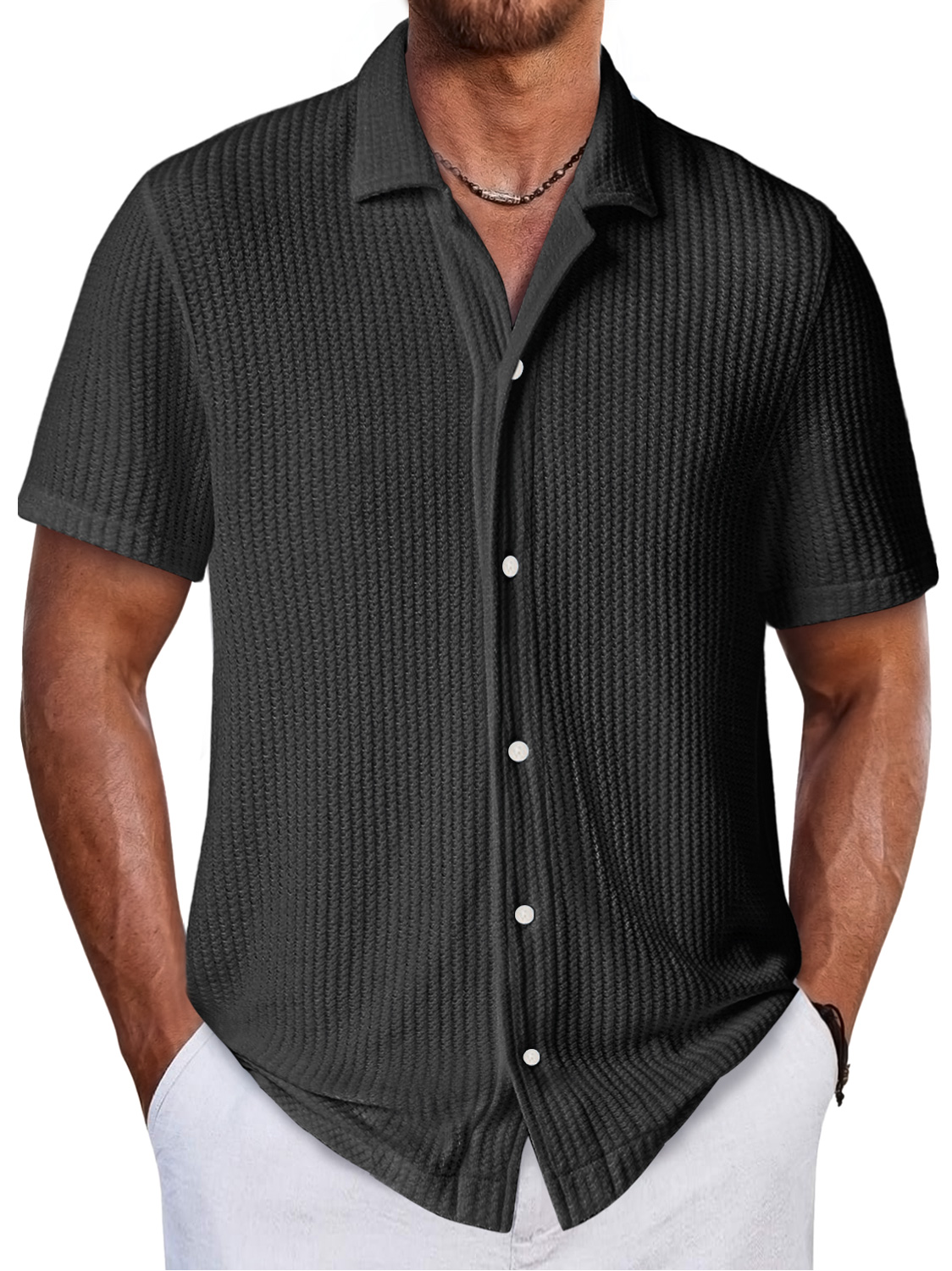 Men's Daily Waffle Texture Casual And Comfortable Short-sleeved Shirt