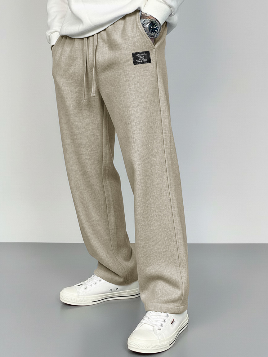 Men's Fashionable Linen Fabric Embroidered Logo Pocket Loose-Fitting Trousers