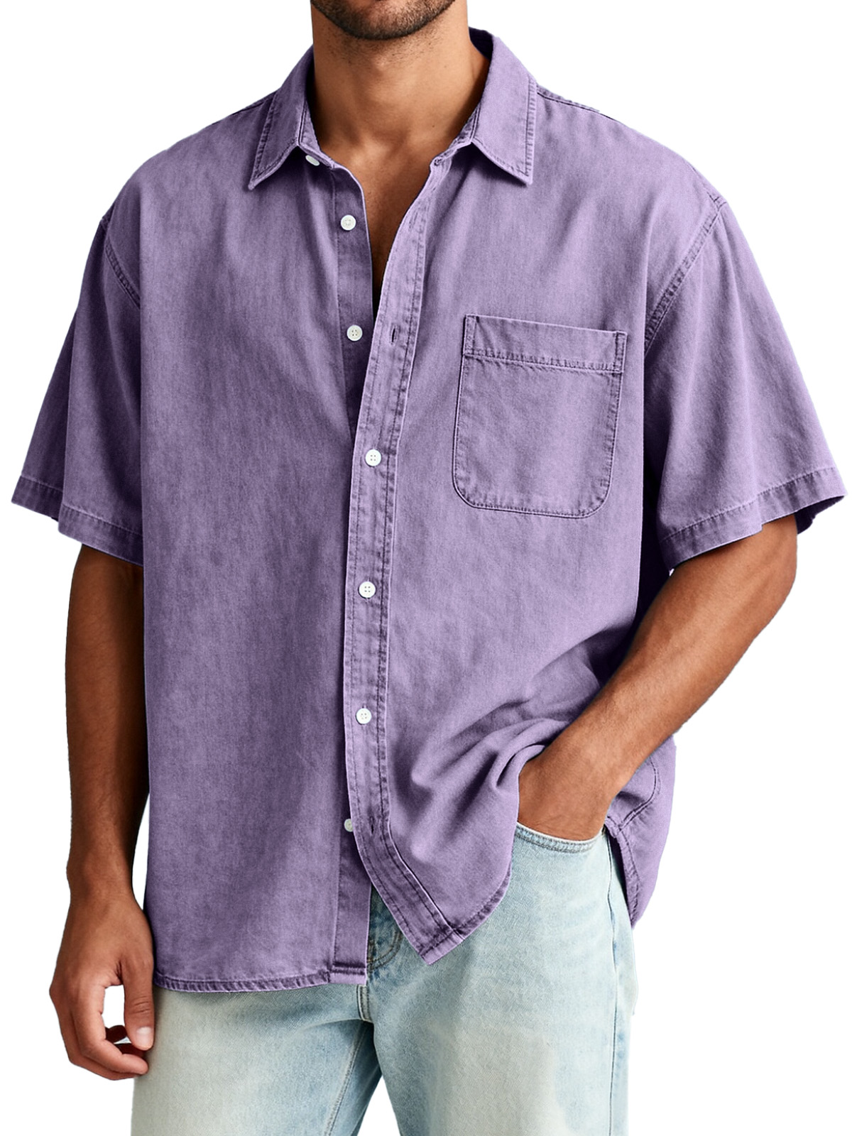 Men's American Retro Solid Color Short Sleeve Shirt with Pocket