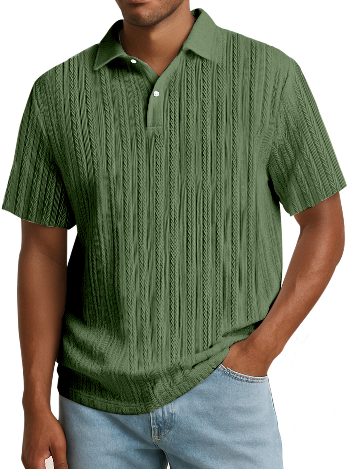 Men's Simple Solid Color Textured Lapel Button Polo Shirt