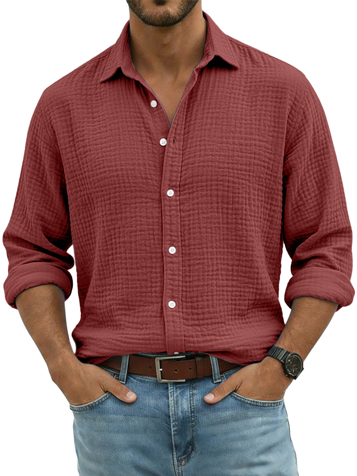 Men's Comfortable Solid Color Crinkled Breathable Long-sleeved Shirt
