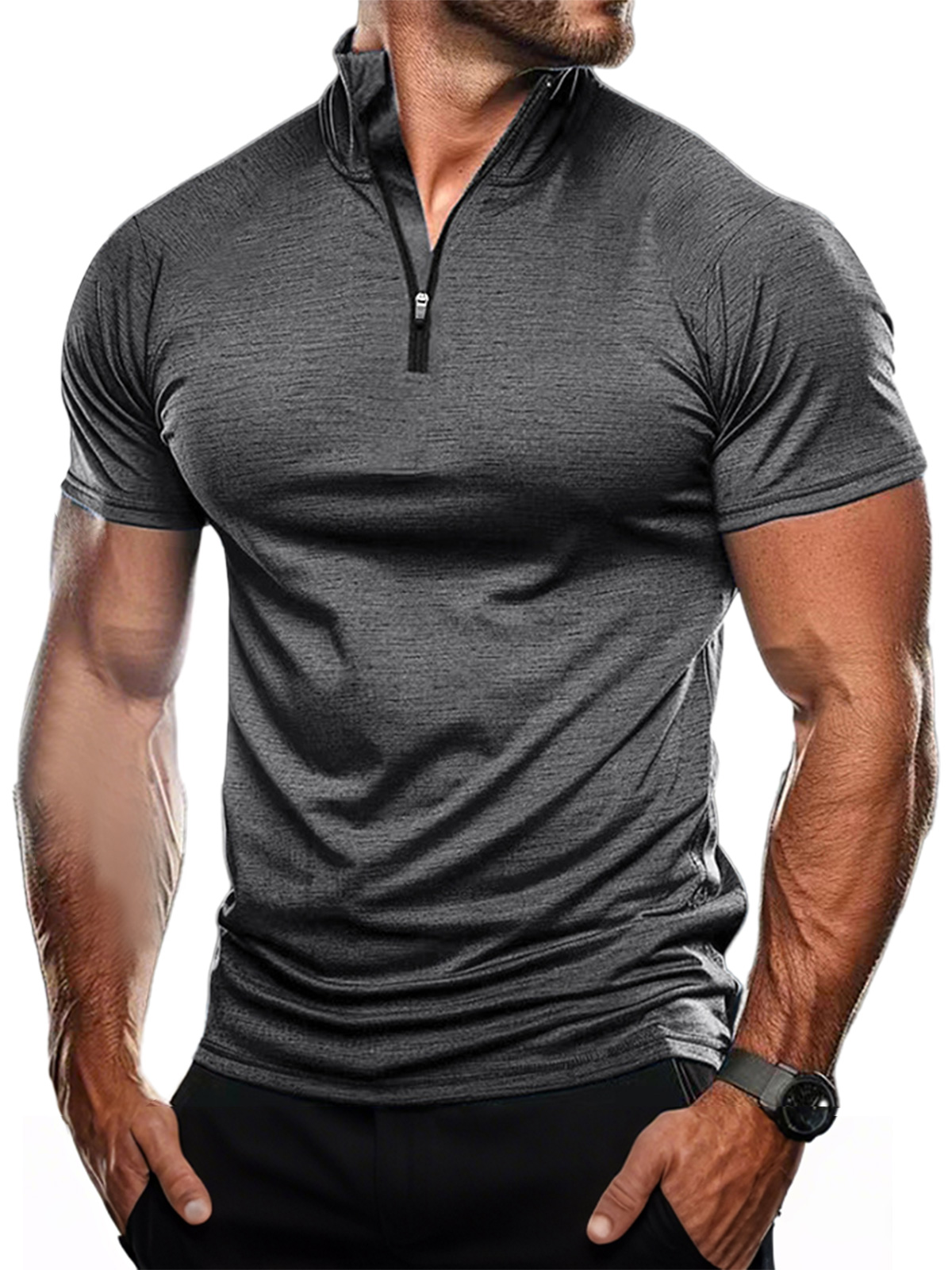 Men's Casual Stand Collar Zipper Quick-drying Solid Color Short-sleeved T-shirt