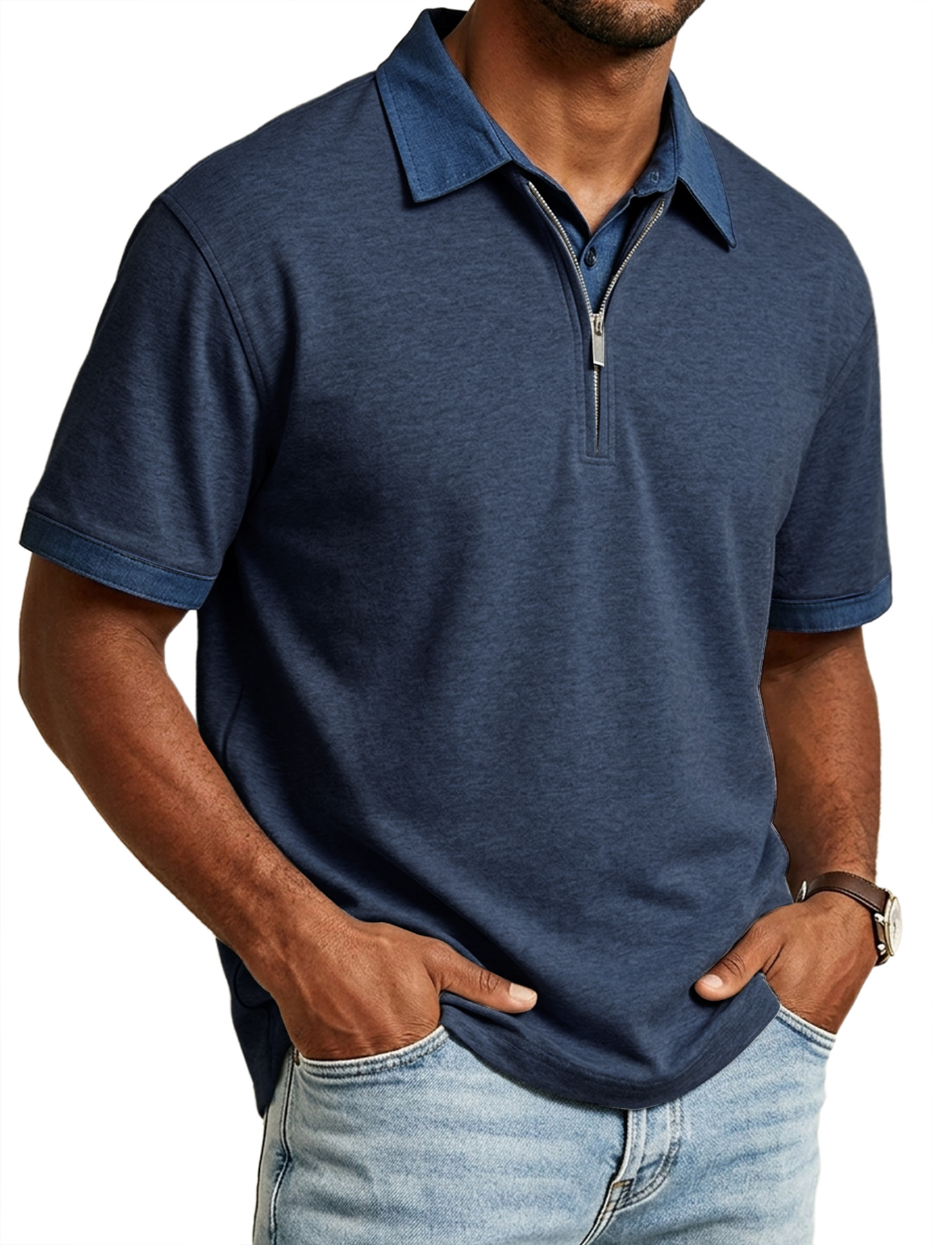 Men's Casual Faux Two-Piece Collared Zipper Color Block Short-Sleeve Polo Shirt