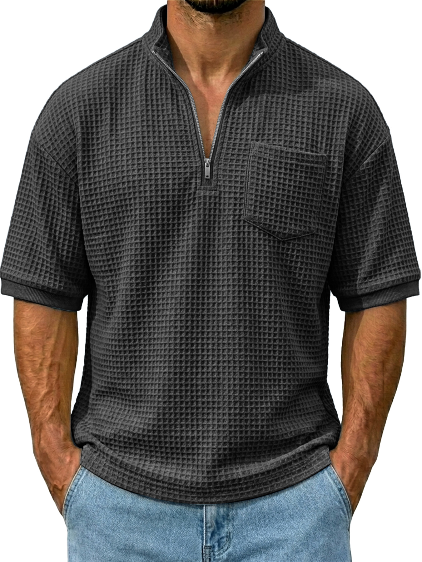 Men's Waffle Stand Collar Zipper Casual Pocket Short-sleeve T-shirt