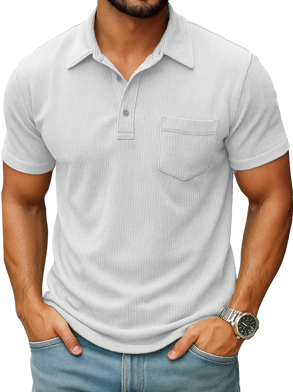Men's Fashion Casual Ribbed Fabric Pocket Short-sleeved Lapel Polo Shirt