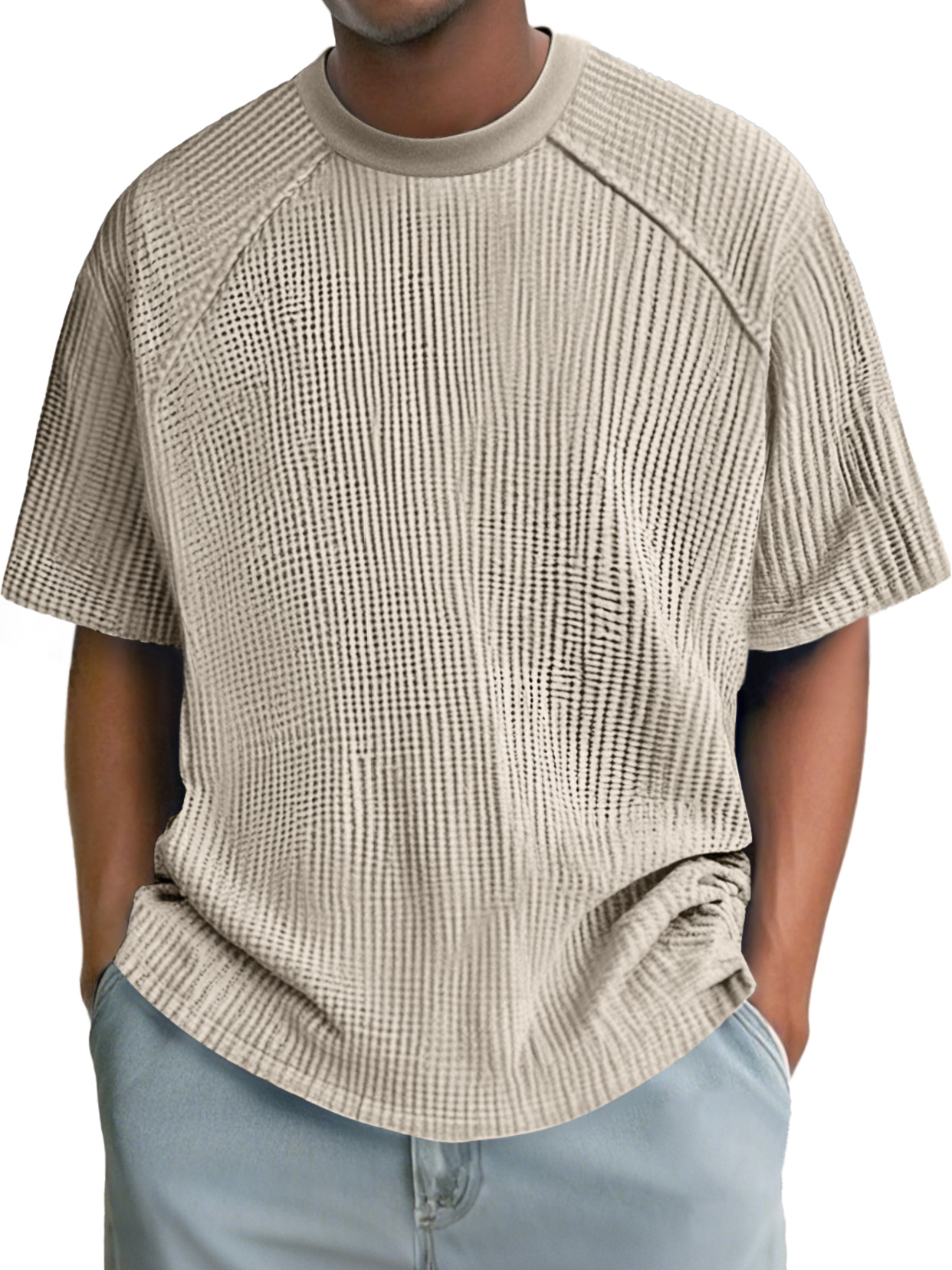 Men's Fashion Waffle Raglan Round Neck Comfortable Short Sleeve T-Shirt