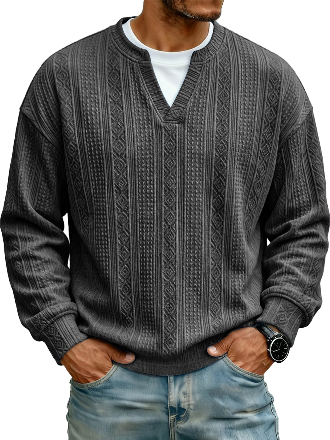 Men's Jacquard Faux Two-piece Casual Long-sleeved T-shi