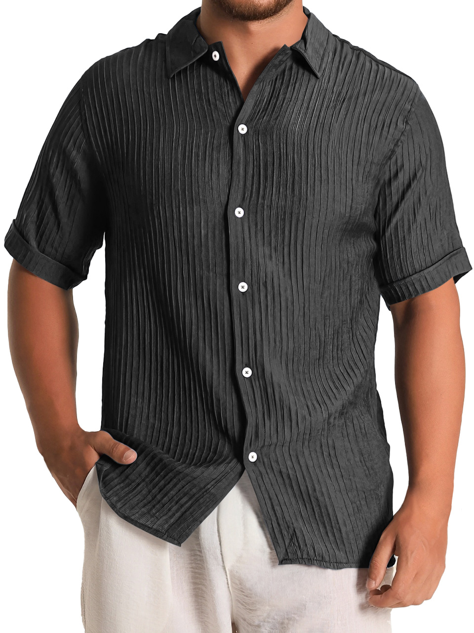 Men's Fashion Daily Pleated Casual Solid Color Short Sleeve Shirt