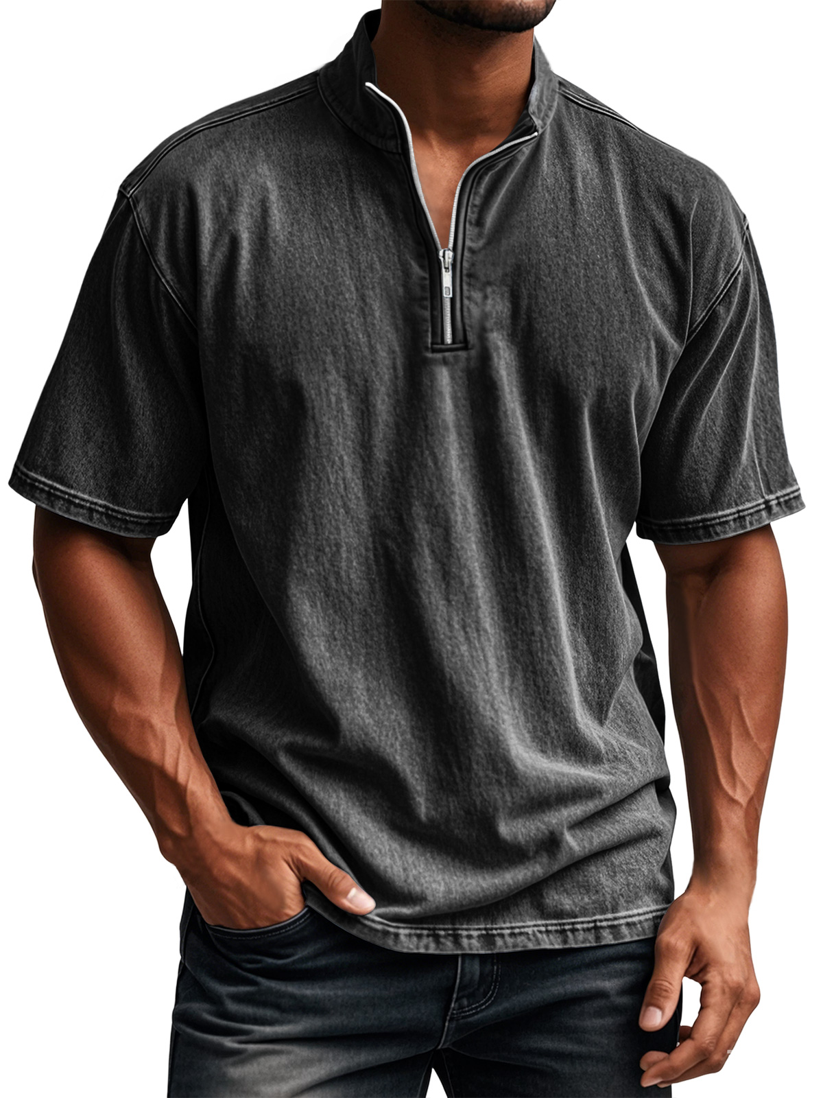 Men's Retro Everyday Stand Collar Quarter Zip Casual Short Sleeve T-Shirt