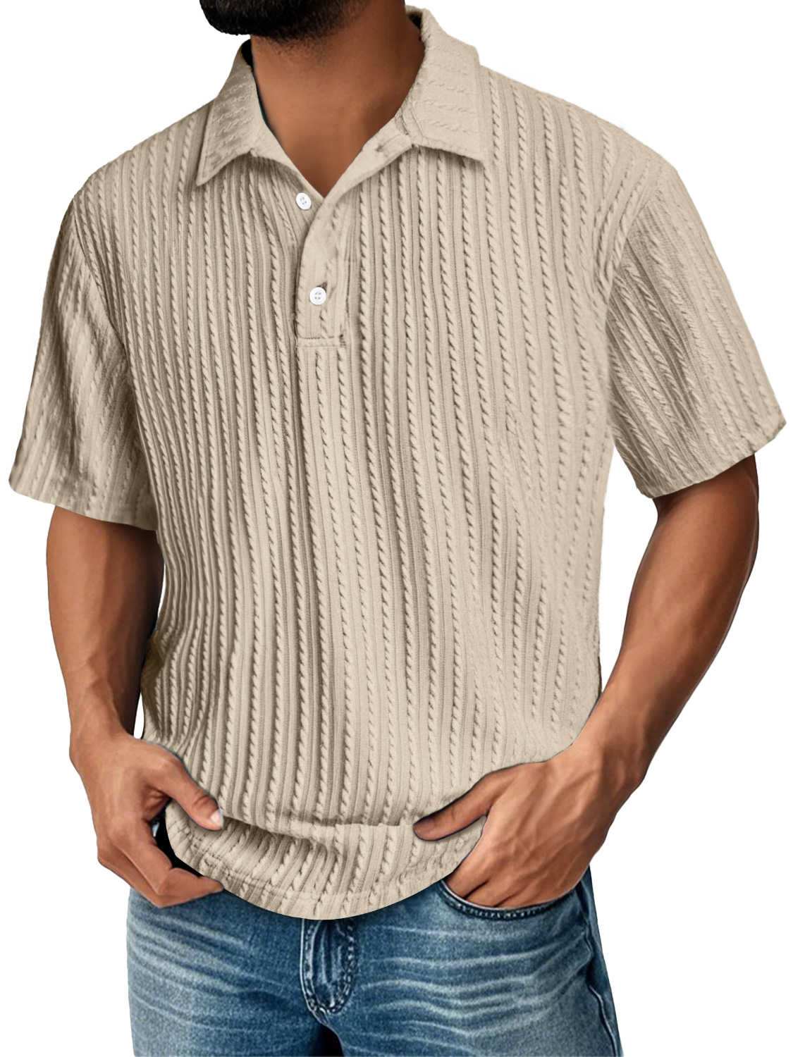 Men's Daily Lapel Jacquard Texture Casual Solid Color Short-sleeved Polo Shirt