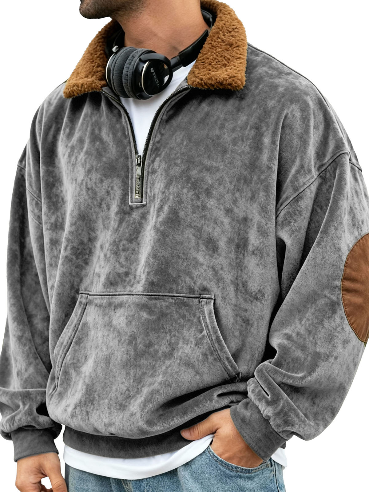Men's Retro Patchwork Stand Collar Plush Pocket Stand Collar Zipper Sweatshirt