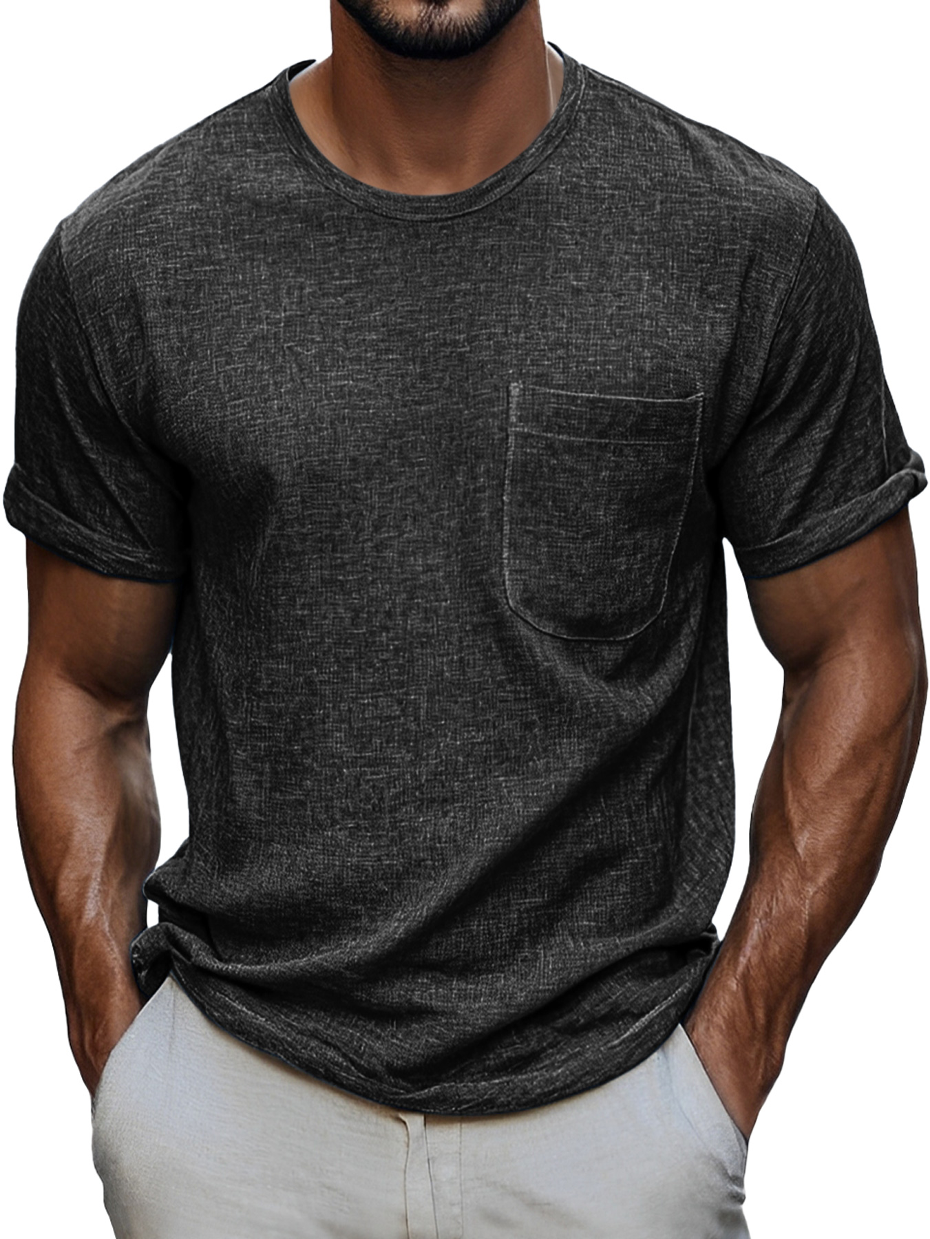 Men's Daily Round Neck Pocket Casual Comfortable Solid Color Short Sleeve T-shirt