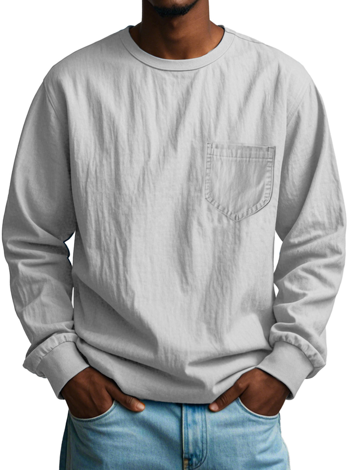 Men's Fashion Casual Pleated Round Neck Long Sleeve Pocket T-Shirt
