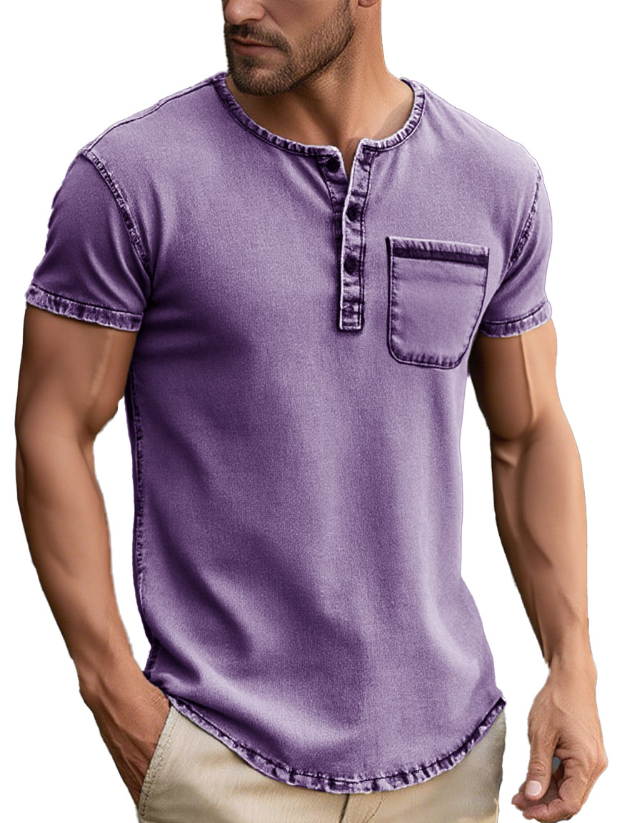 Men's Fashion Daily Distressed Fabric Pocket Short-sleeved Henley Shirt
