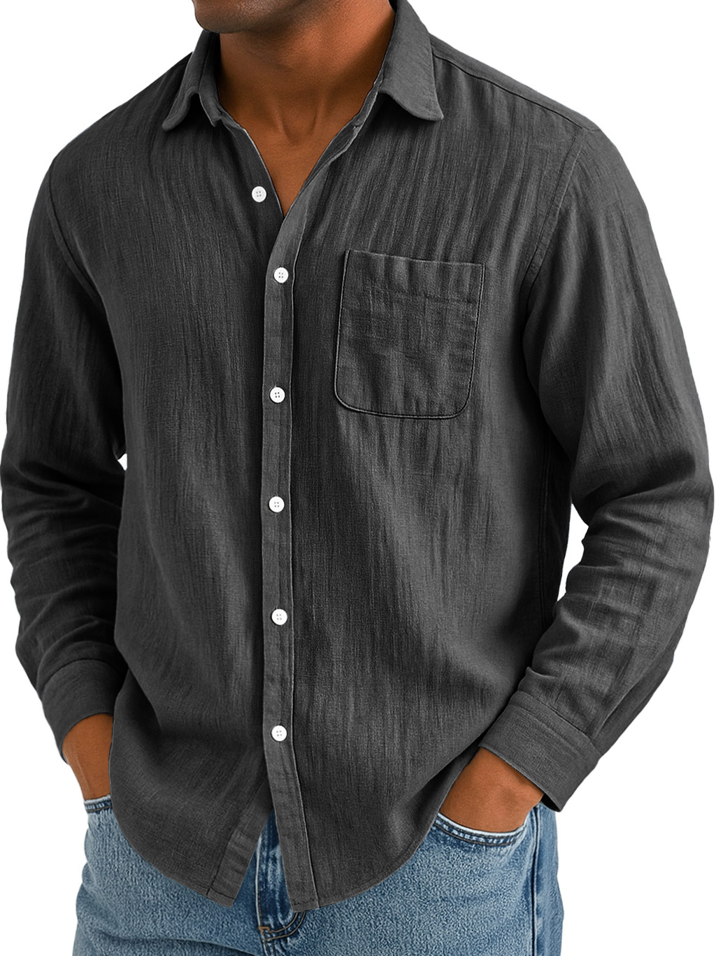 Men's Daily Casual Cotton And Linen Pocket Comfortable Long-sleeved Shirt
