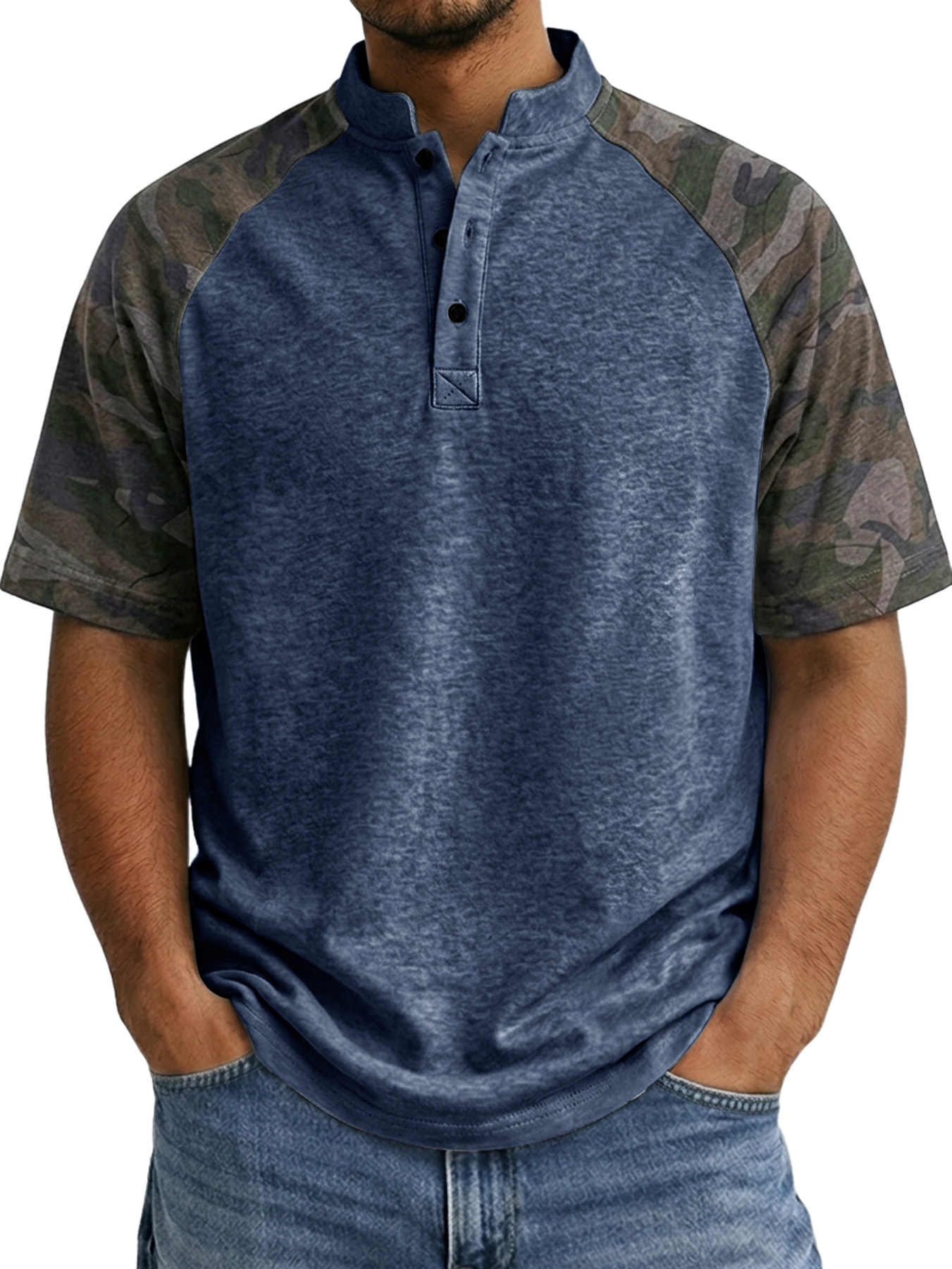 Men's Raglan Camo Casual Stand Collar Short Sleeve Henley Shirt