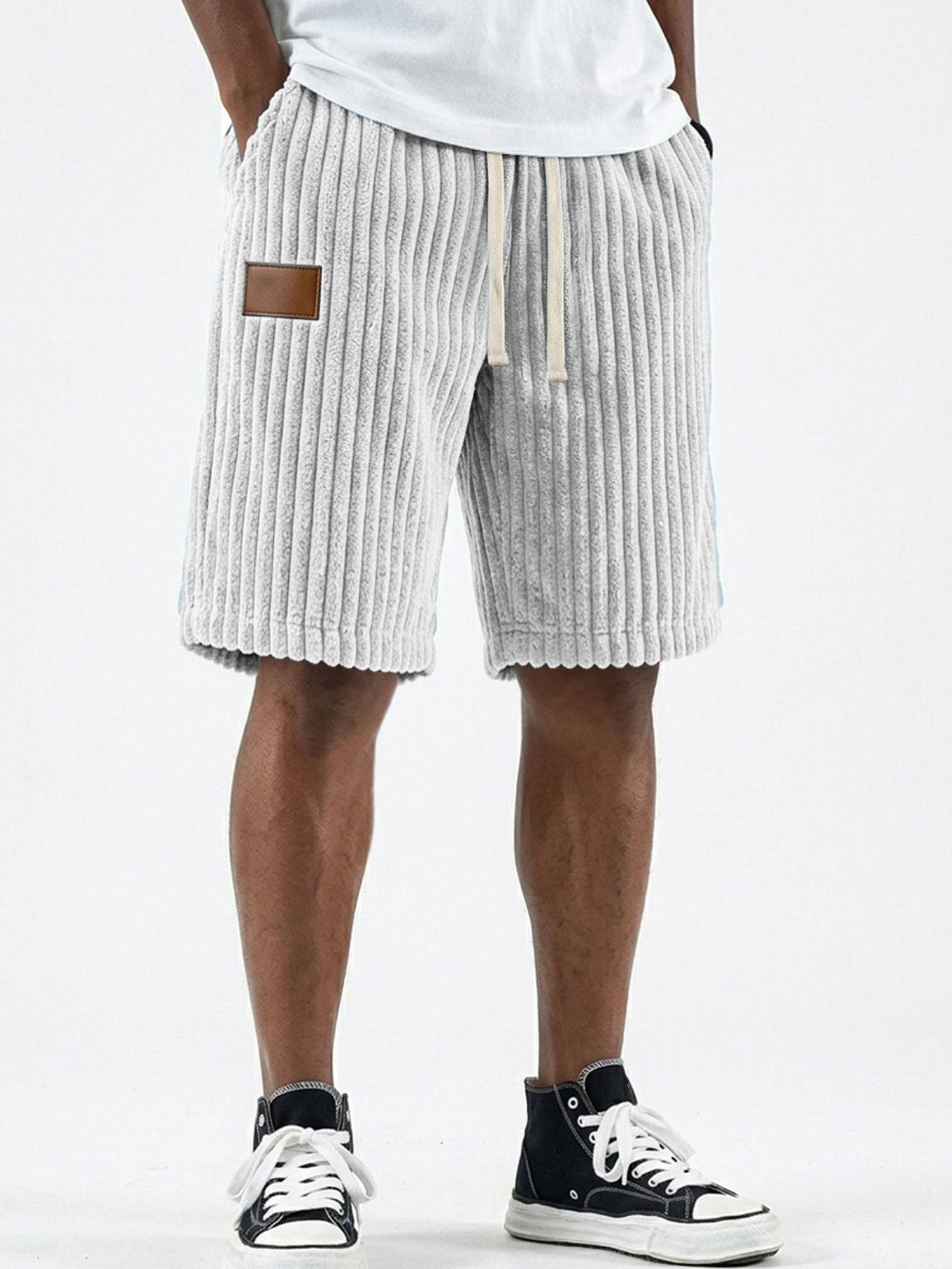 Men's Retro Corduroy Leather Label Casual Loose Shorts