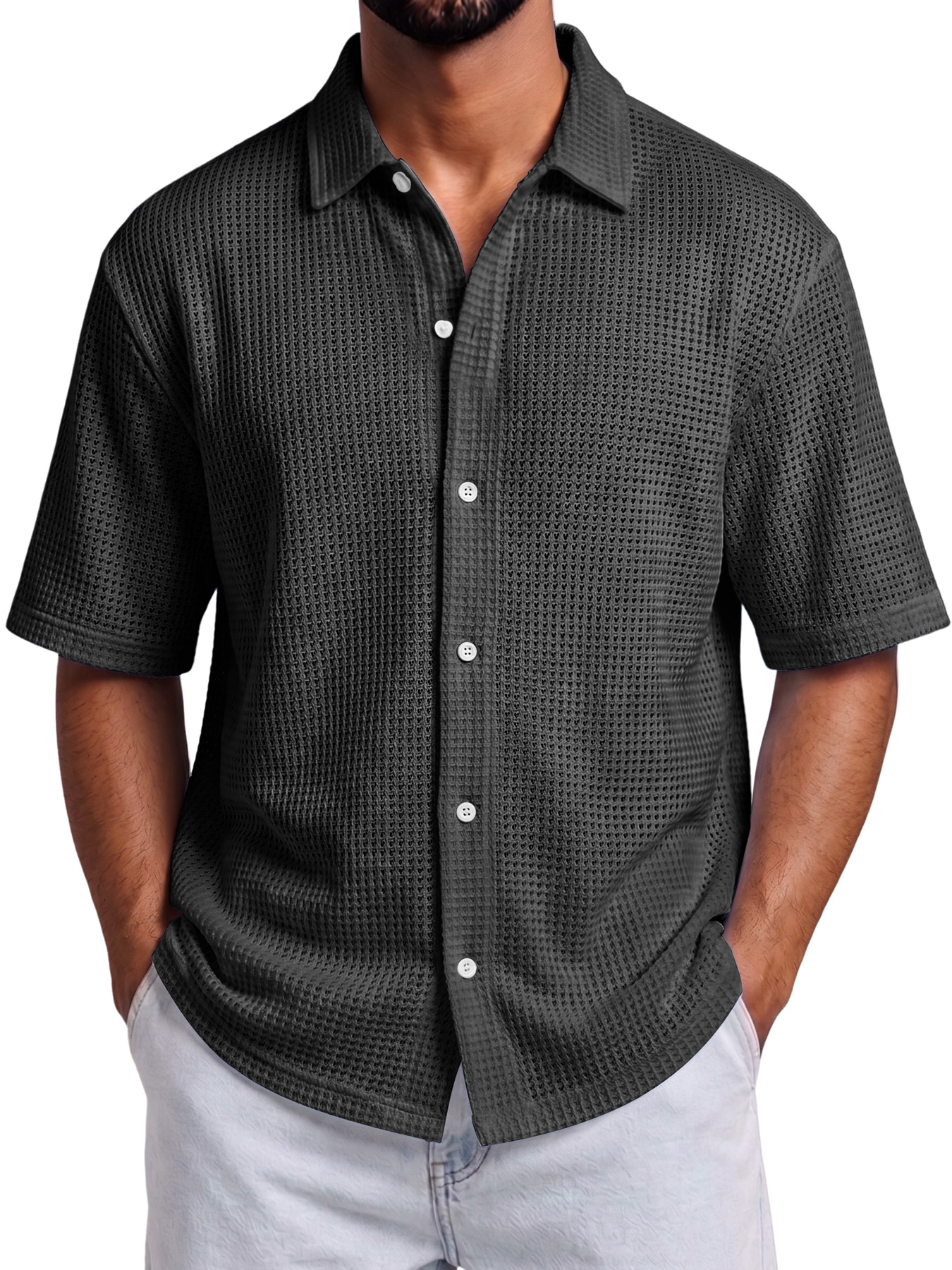 Men's Solid-Color Waffle-Knit Casual Short-Sleeve Shirt