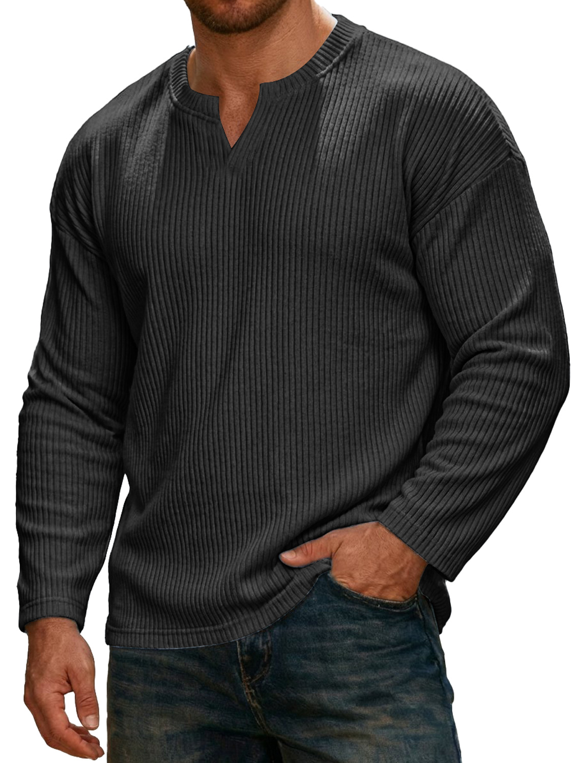 Men's Simple Ribbed V-neck Long-sleeved Casual T-shirt