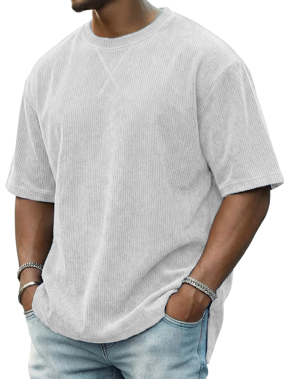 Men's Casual Fashionable Ribbed Crew Neck Short-Sleeve T-Shirt