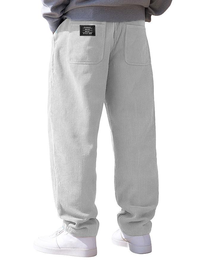 Men's Stylish Everyday Corduroy Fabric Pocket Loose Drawstring Elastic Waist Embroidered Logo Trousers