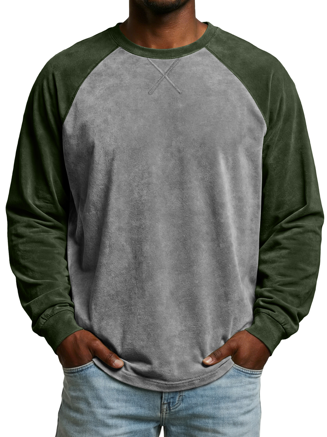 Men's Vintage Suede Patchwork Long-sleeved Casual T-shirt With Criss-cross Design