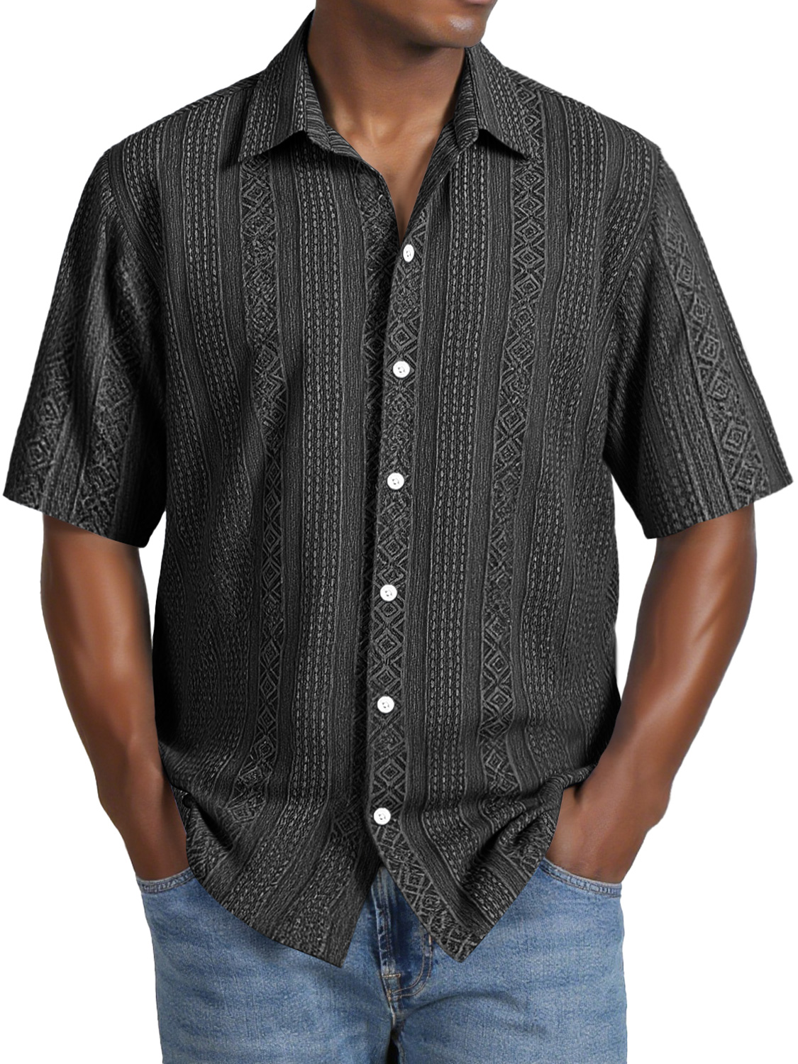 Men's Daily Casual Jacquard Texture Lapel Comfortable Short-sleeved Shirt