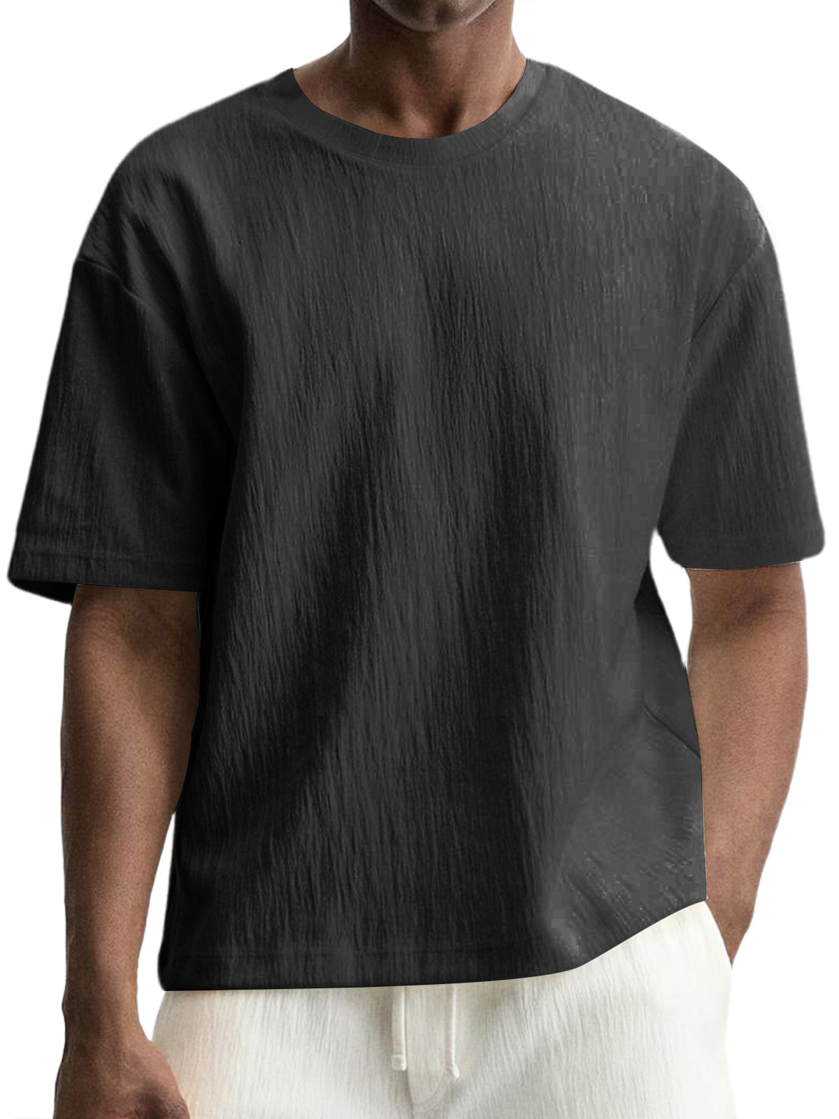 Men's Daily Round Neck Pleated Texture Casual Short-sleeved T-shirt
