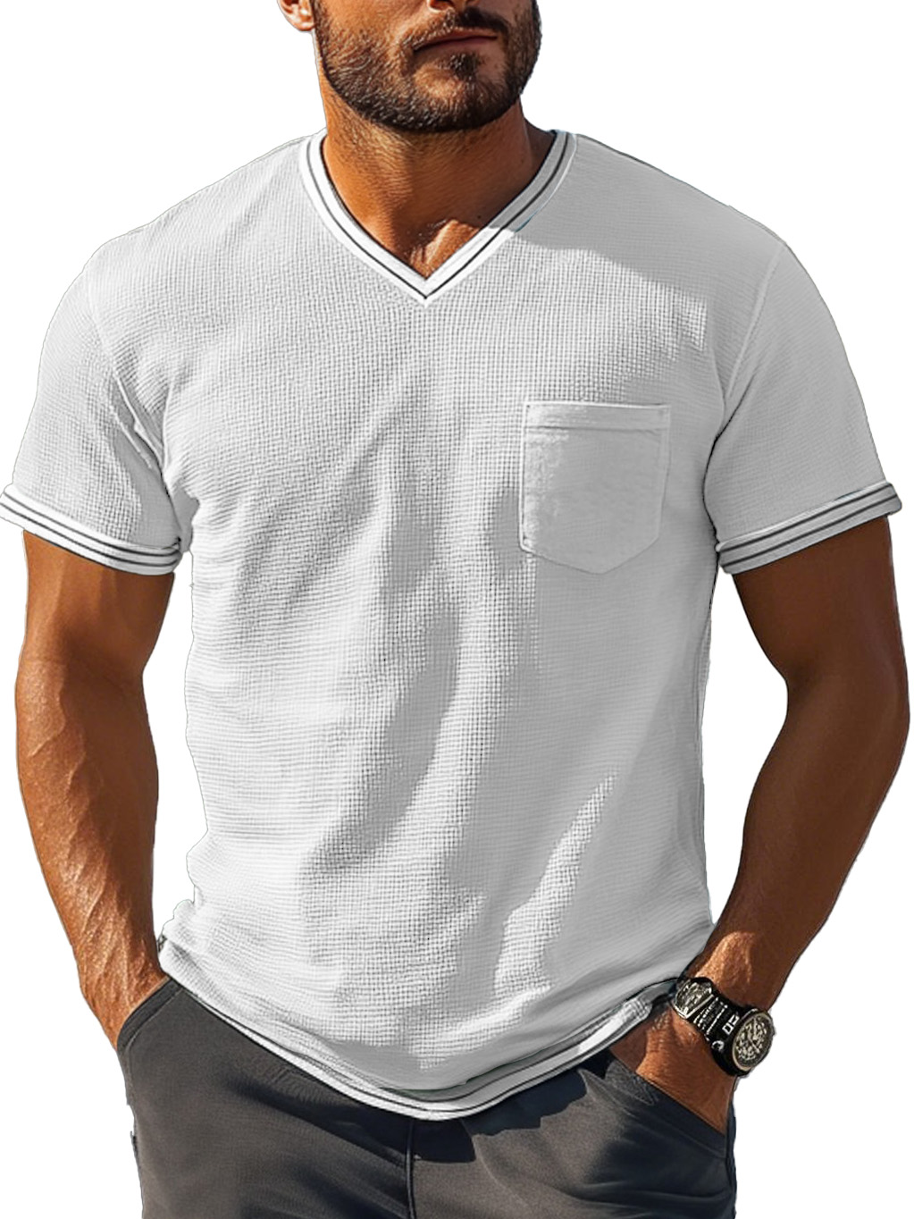 Men's Fashion Retro Patchwork Textured Fabric V-neck Short-sleeved T-shirt