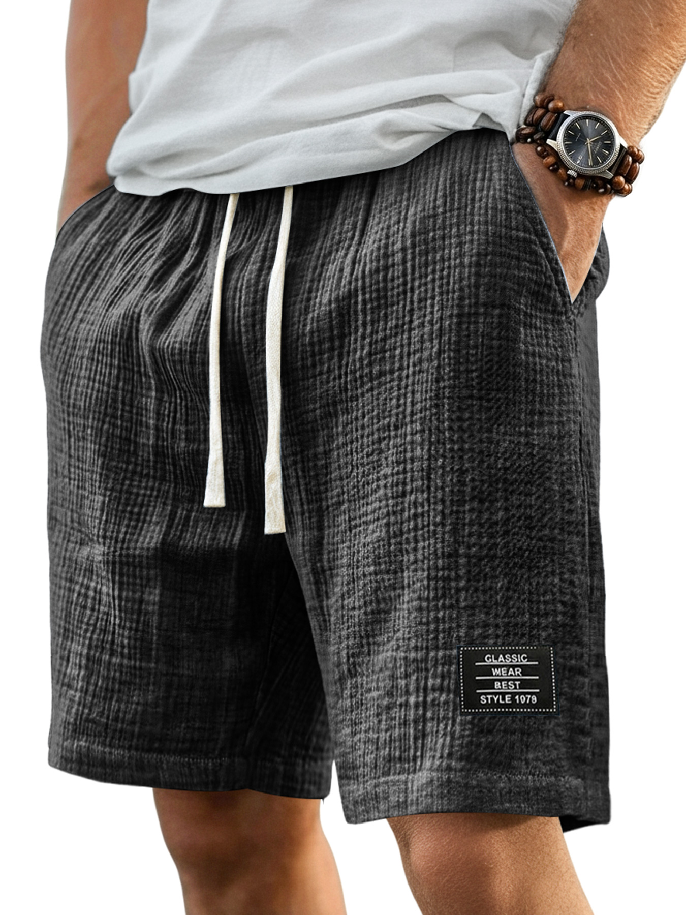 Men's Basic Pleated Texture Embroidered Logo Casual Comfort Shorts