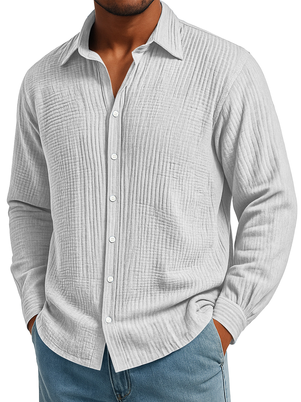 Men's Daily Pleated Texture Loose Casual Solid Color Long-sleeved Shirt