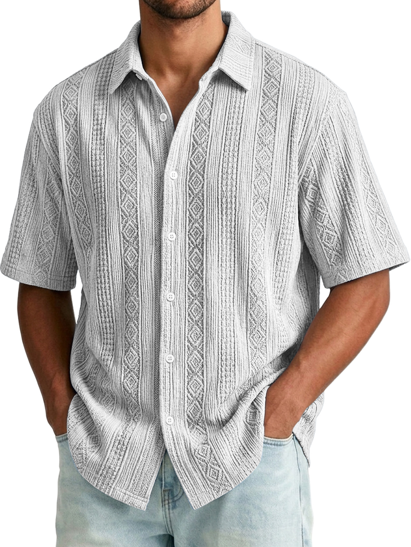 Men's Jacquard Textured Casual And Comfortable Short-sleeved Shirt