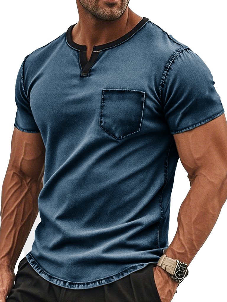 Men's Fashion Retro Pocket V-neck Pocket Short-sleeved T-shirt