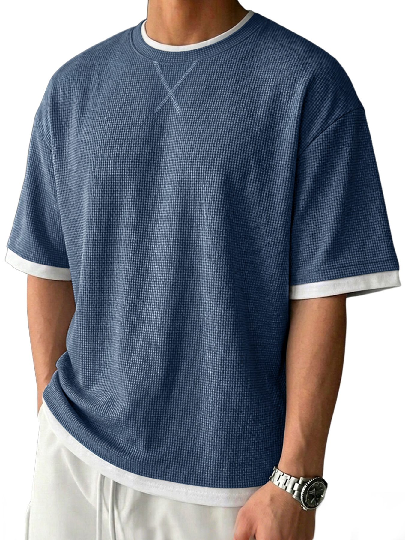 Men's Casual Crew-Neck Solid-Color Textured Short-Sleeve T-Shirt