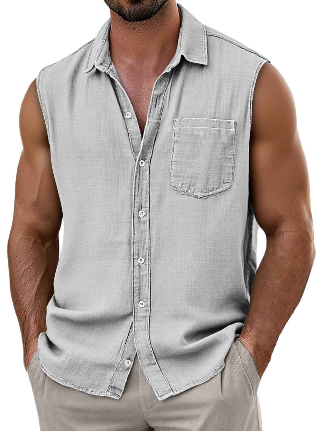 Men's Daily Faux Linen Casual Pocket Comfort Sleeveless Shirt