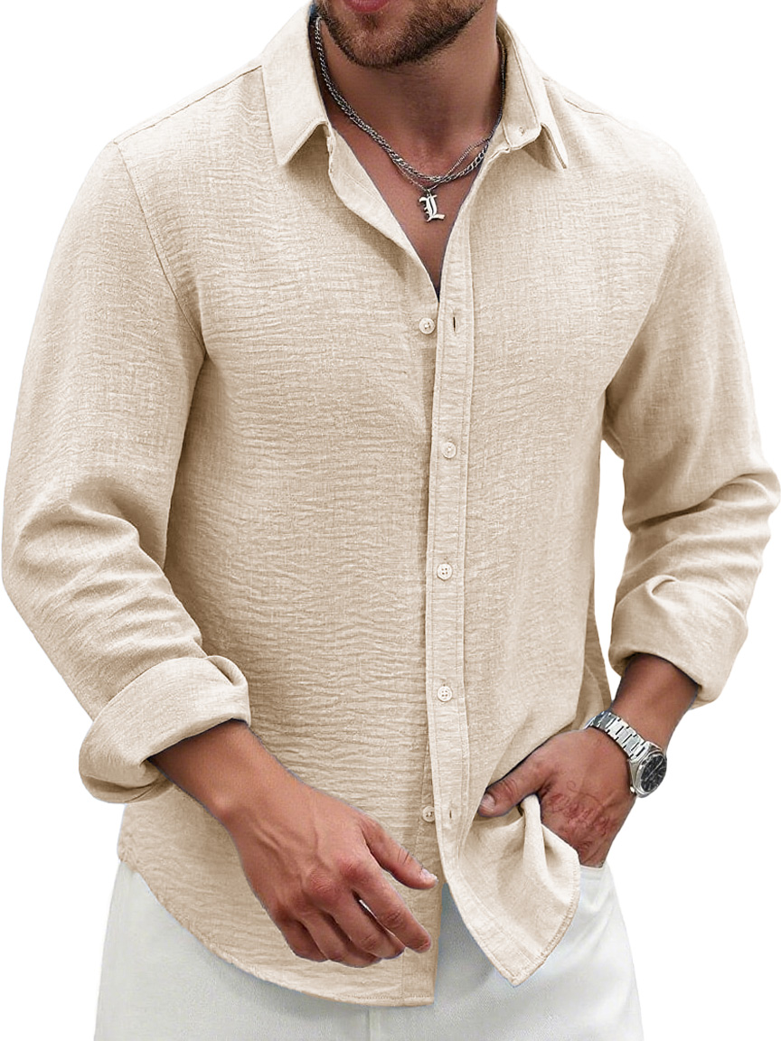 Men's Fashion Casual Pleated Fabric Lapel Long-sleeved Shirt