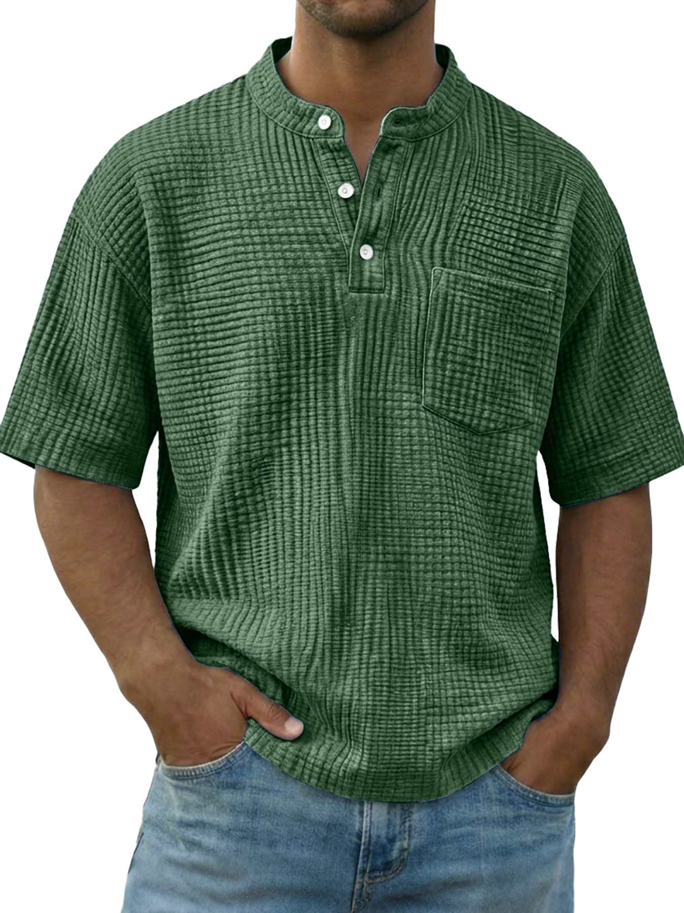 Men's Casual Wrinkled Comfortable Short-sleeved Henley Shirt With Pockets