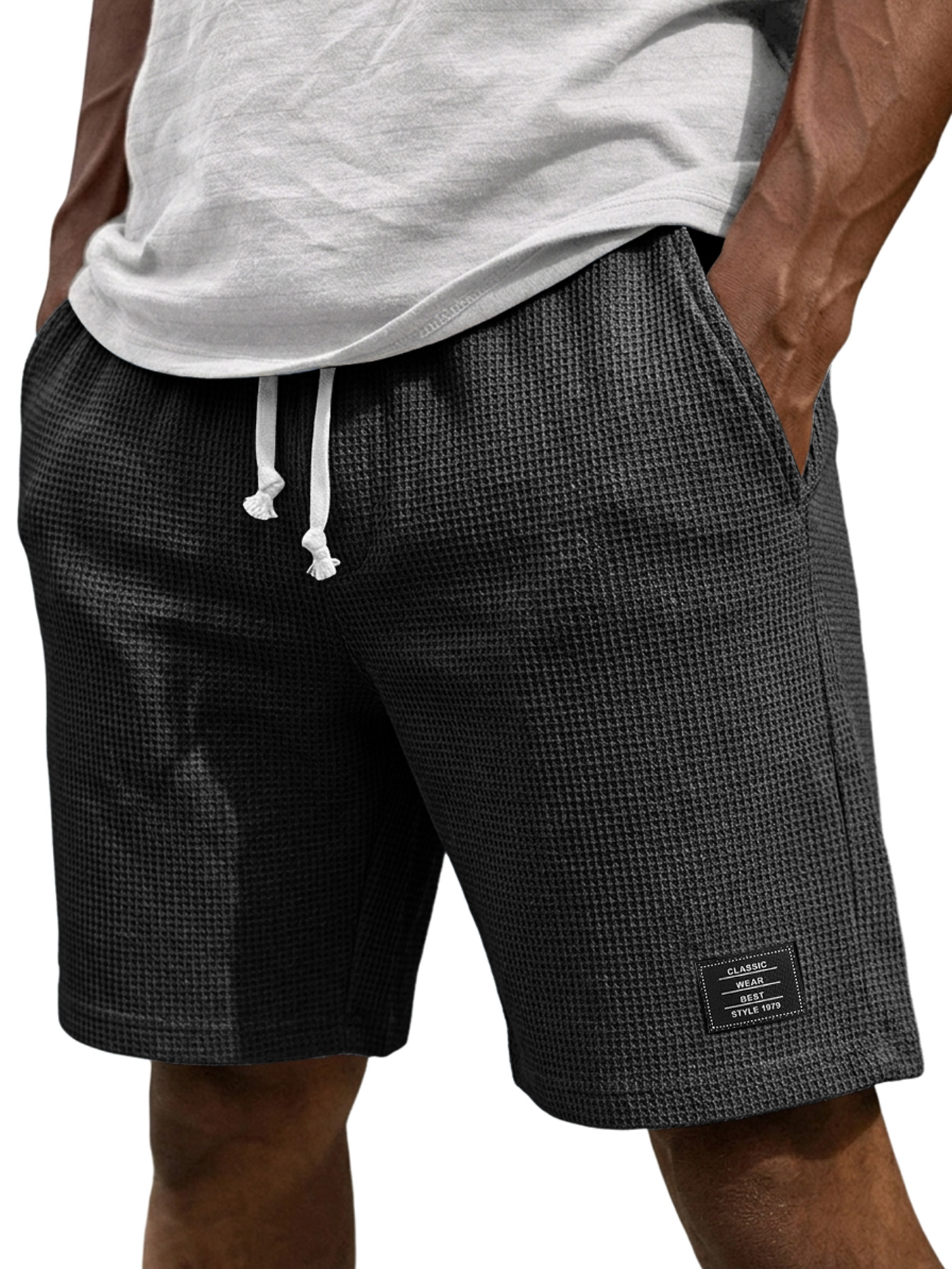 Men's Casual Waffle Embroidered Logo Elastic Waist Loose Shorts