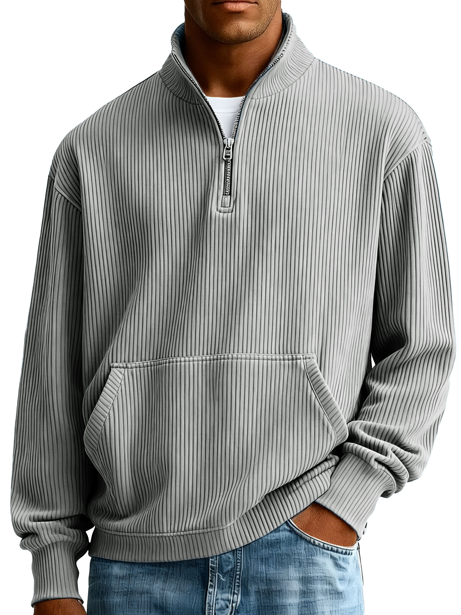 Men's Fashionable Casual Ribbed Fabric Stand-up Collar Half-zip Long-sleeved Sweatshirt