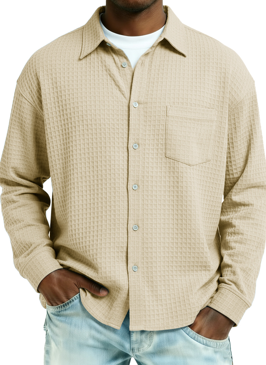 Men's Fashionable Retro Large Waffle Fabric Pocket Long-Sleeved Collared Shirt