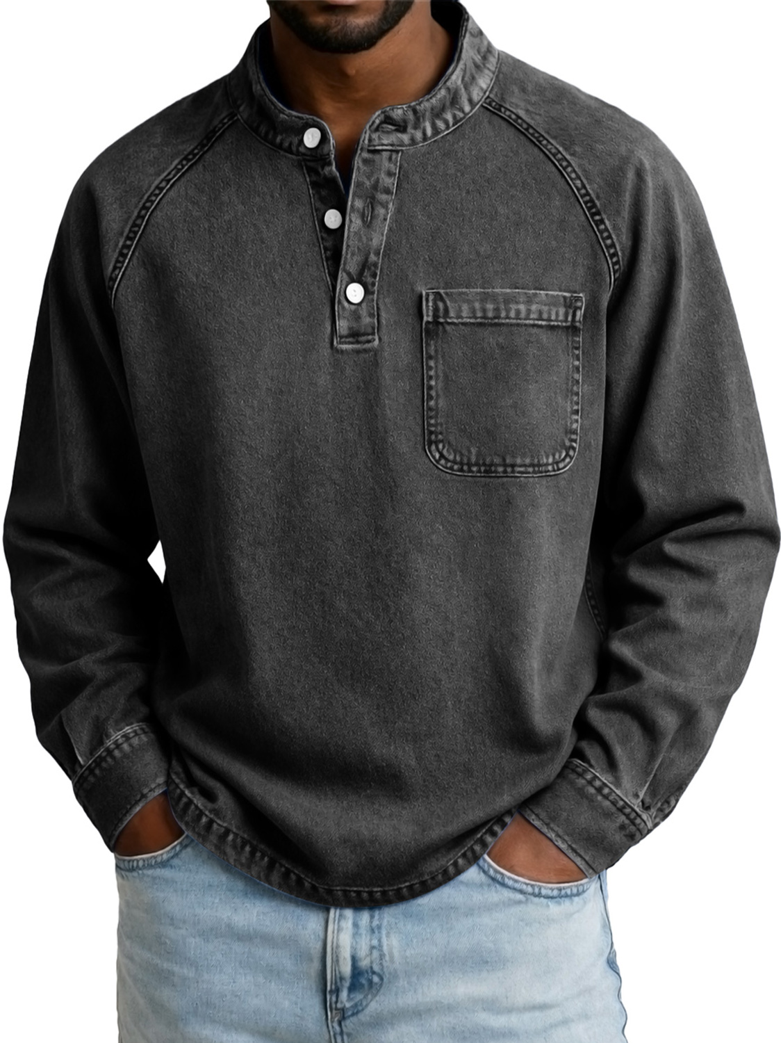 Men's Vintage Casual Raglan Sleeve Pocket Long-sleeved Henley Shirt